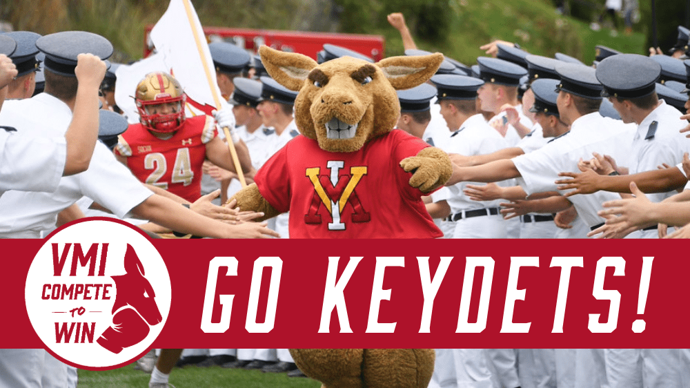Moe mascot running, surrounded by cadets. VMI Compete to Win logo and 