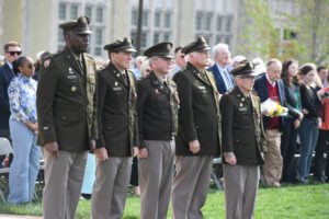 Maj. Gen. Cedric T. Wins ’85 is joined by Col. James Coale, Col. John Brodie, Col. Richard Rowe, and Col. Jon-Michael Hardin in taking review of the Retirement Parade