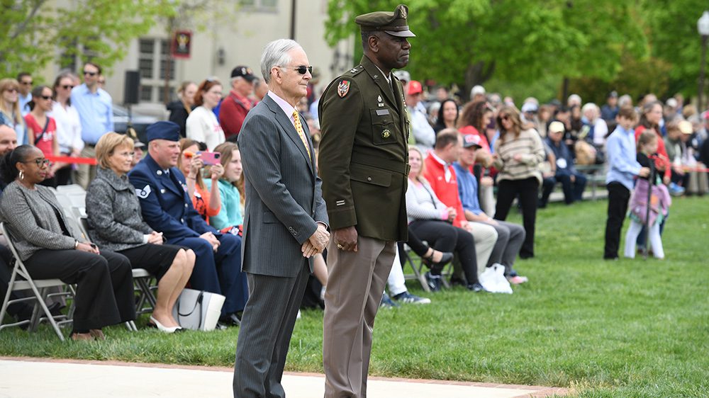 Sen. Thomas K. Norment Jr. ’68 joins Maj. Gen. Cedric T. Wins ’85, superintendent, in taking review of the parade