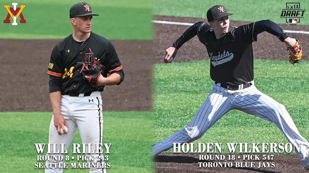 side-by-side photos: Will Riley (left) Round 8, pick 243, Seattle Mariners. Holden Wilkerson (right) round 18, pick 547, Toronto Blue Jays