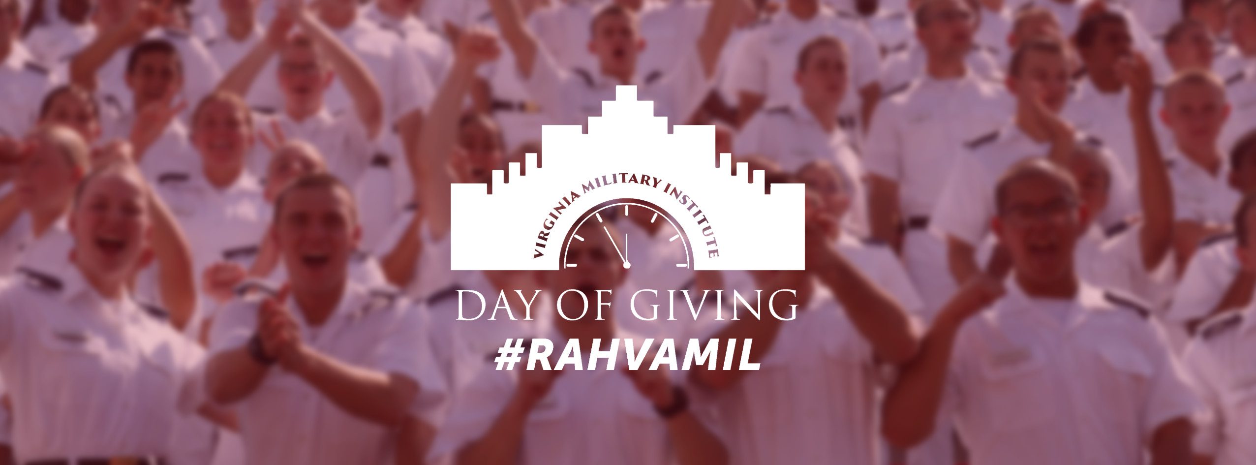 VMI Day of GIving Logo with blurred background of cadets cheering